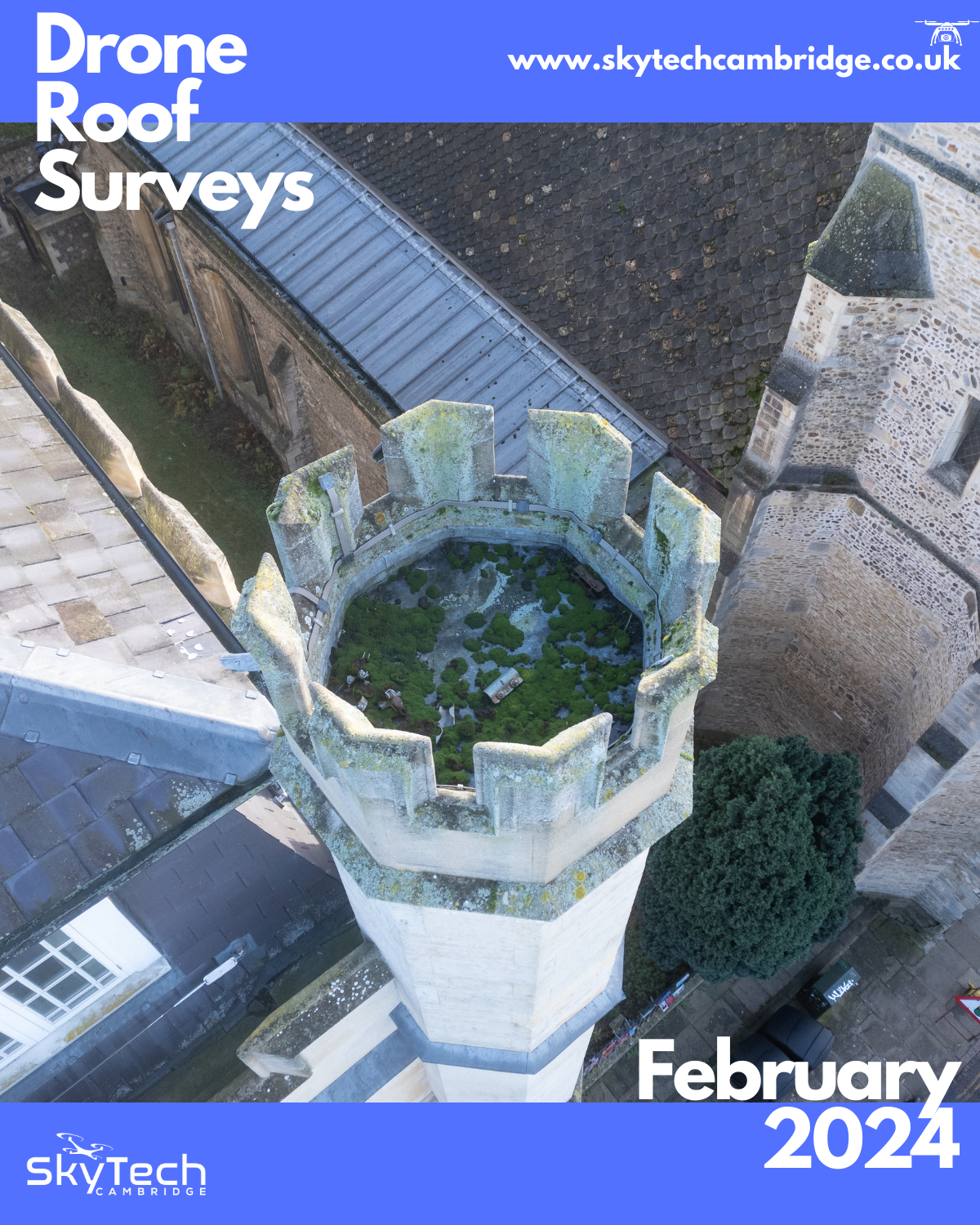 Drone roof survey - college turret reveals discarded scaffolding parts and a heavy moss build-up.