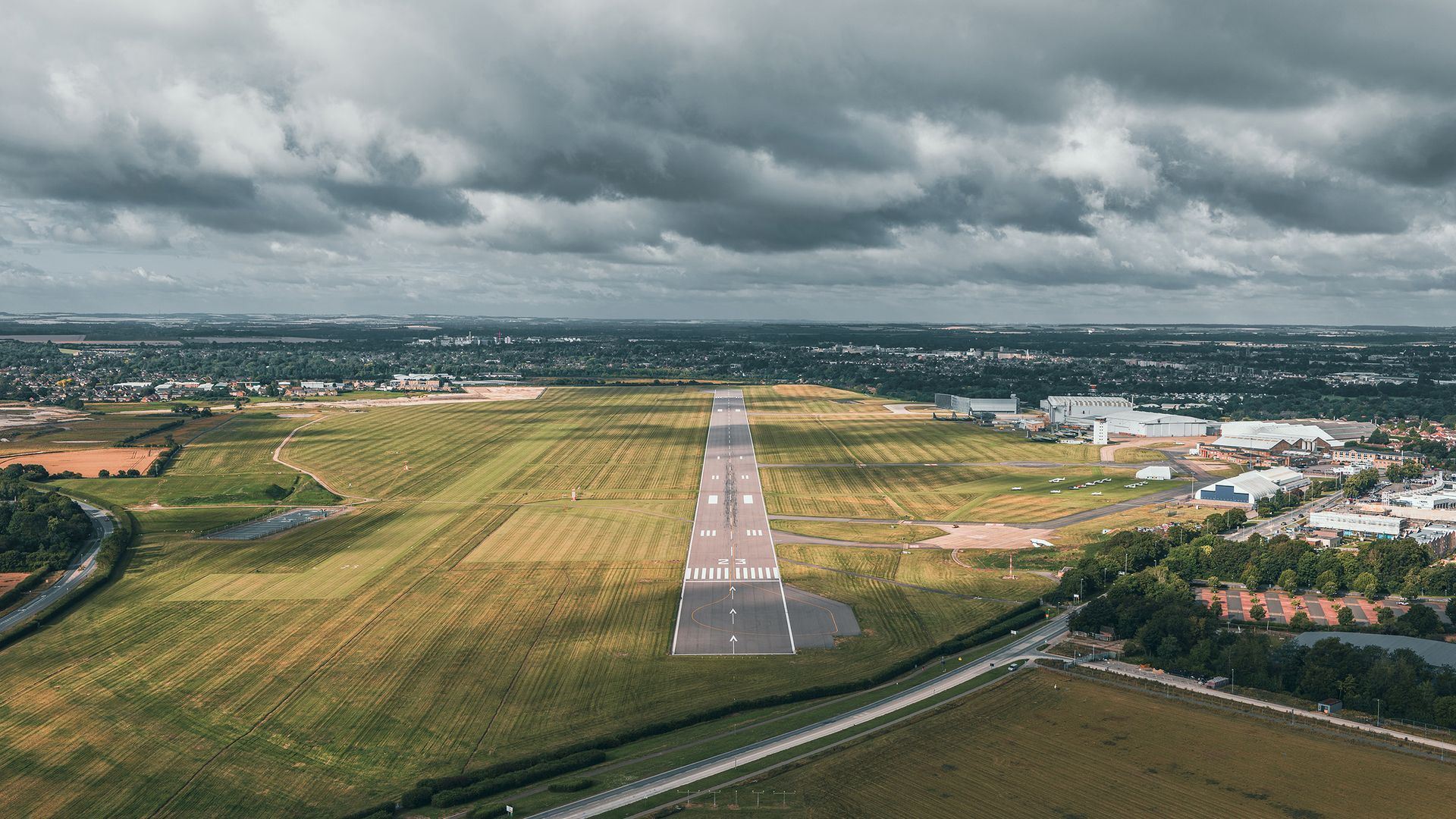 Drone photograph showing Cambridge Airport and nearby development land in Cambridge East