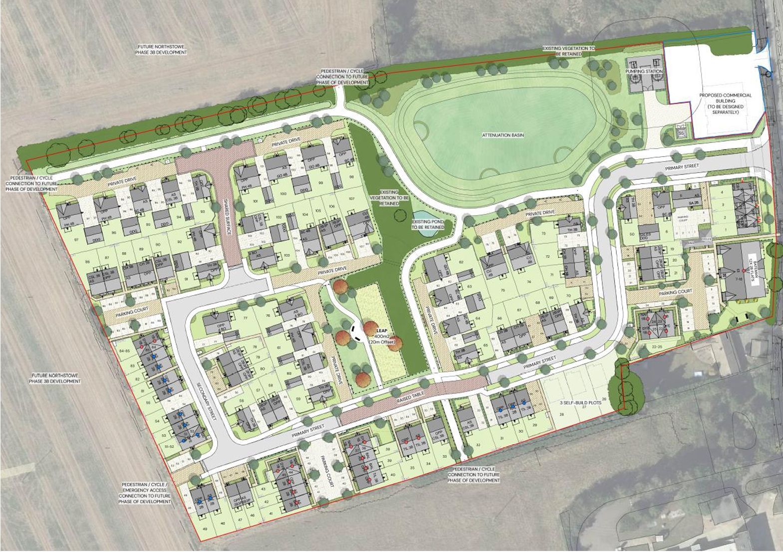 Site plan of Bellway Hatton Gate housing development in Northstowe showing 107 new homes, road layout and green infrastructure
