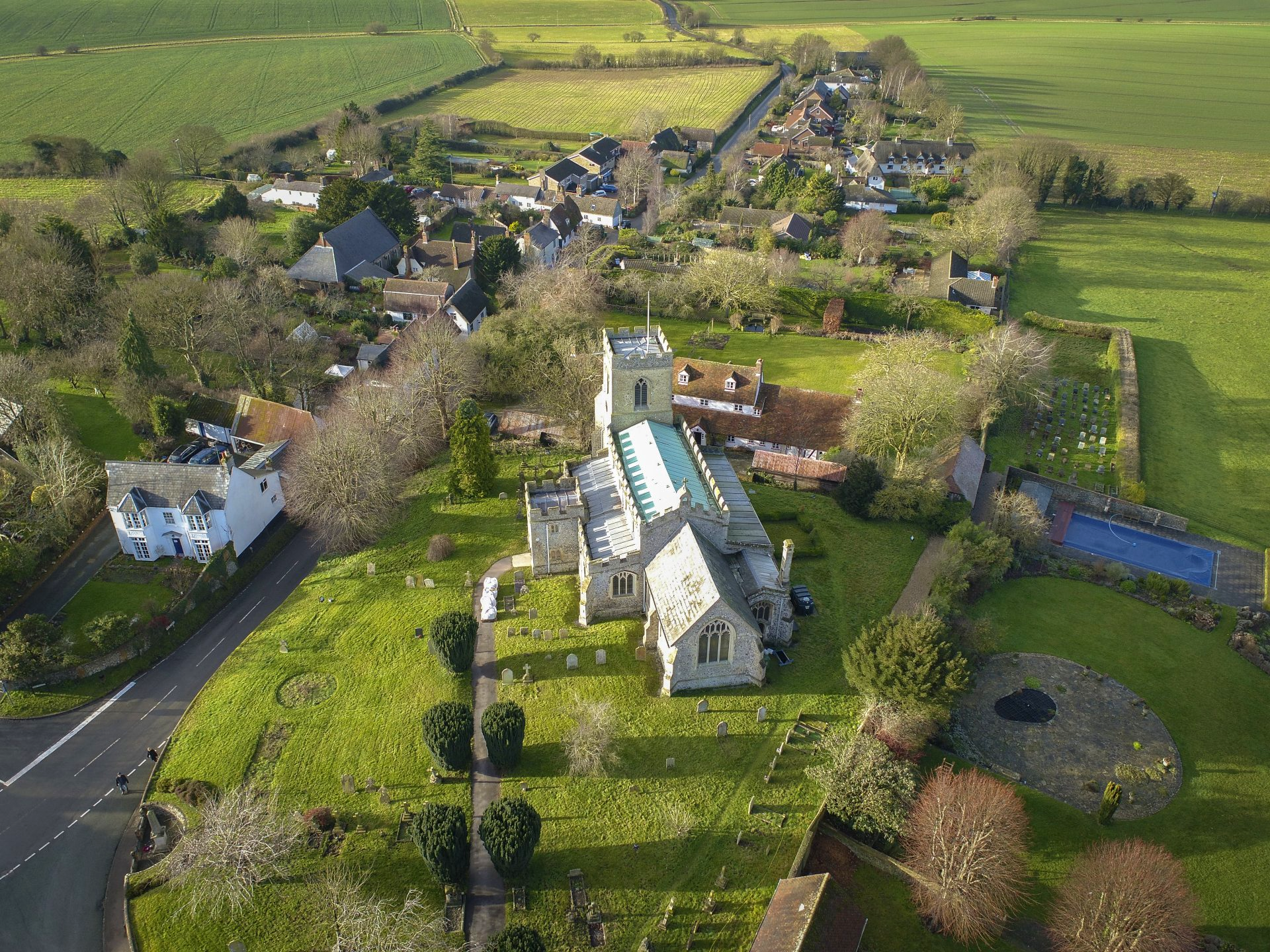St swithin's church in great chishill drone image