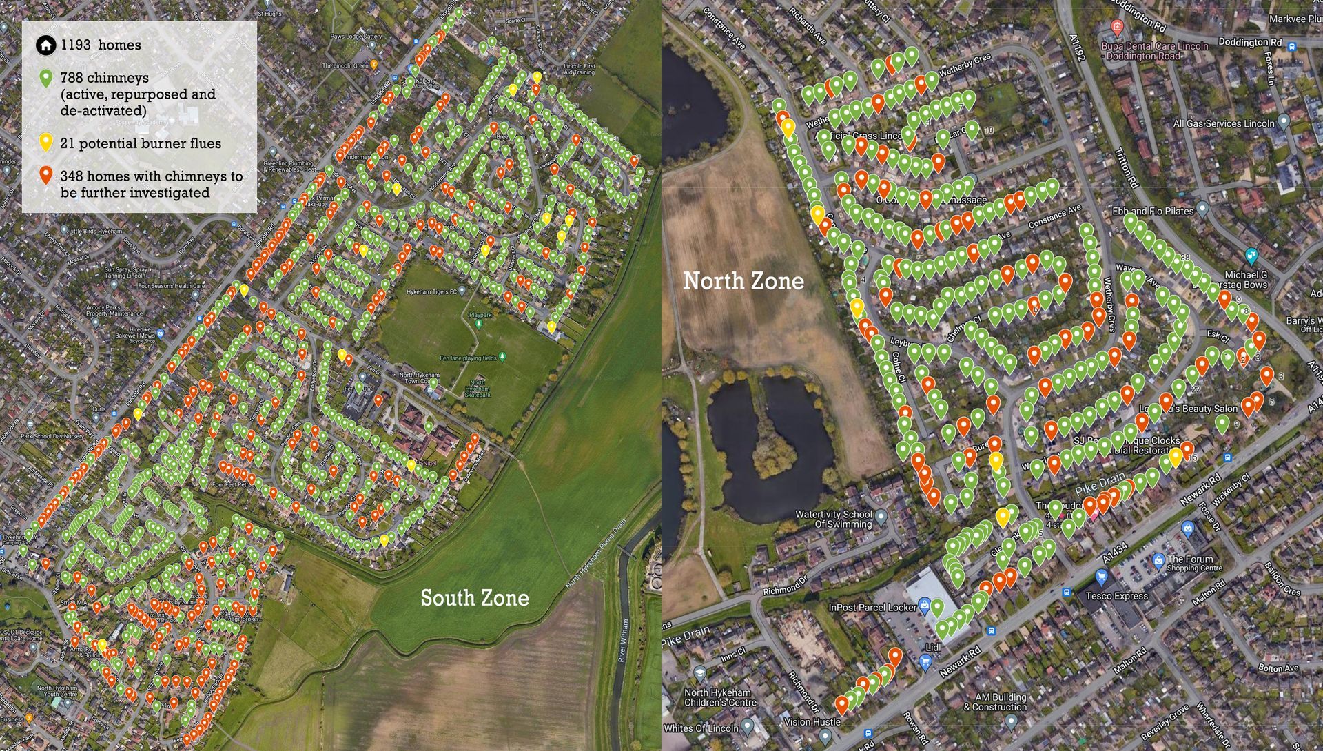 Custom google layer showing properties in Lincolnshire with active chimneys