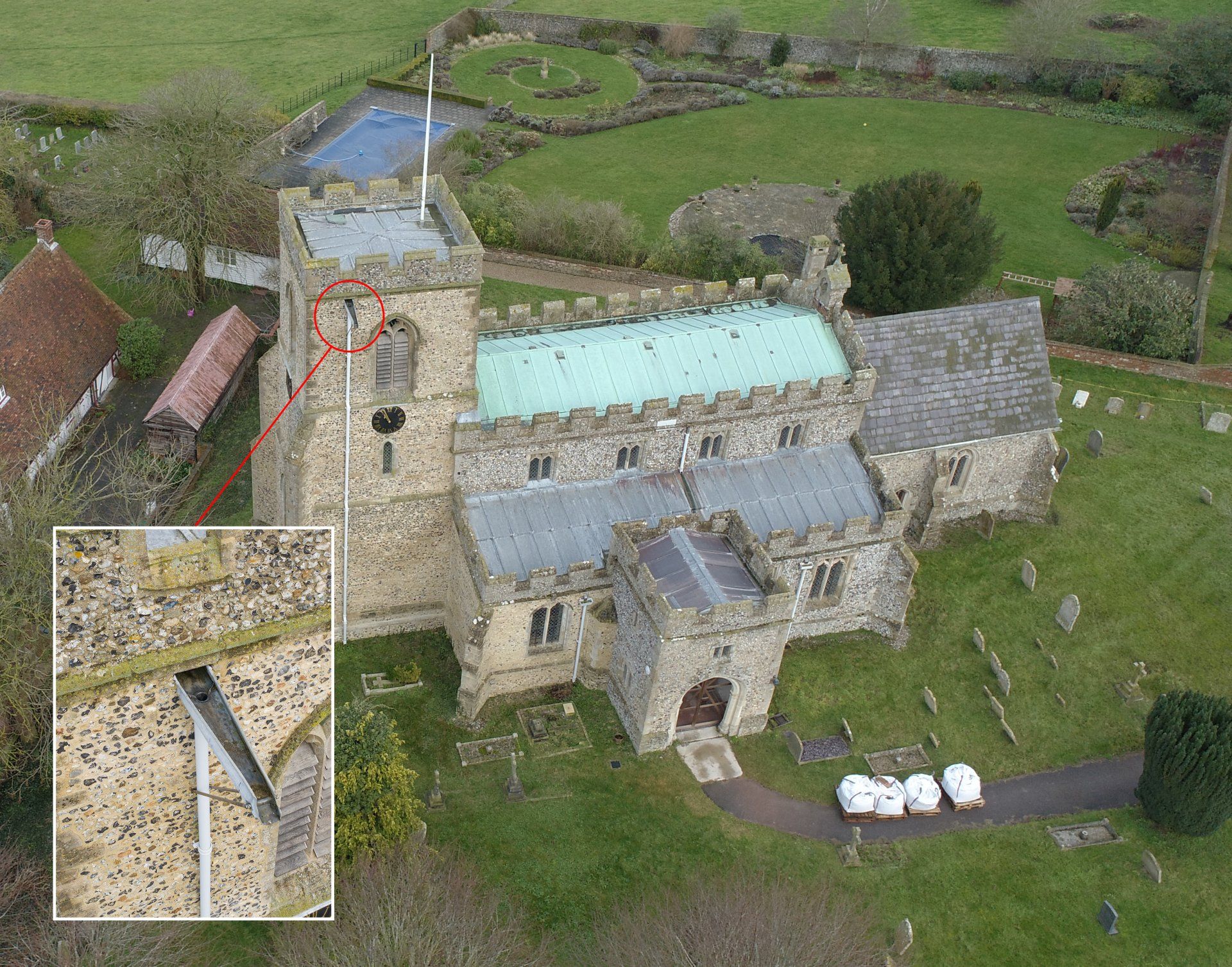 St swithin's church in great chishill close up of drone inspection of a drain