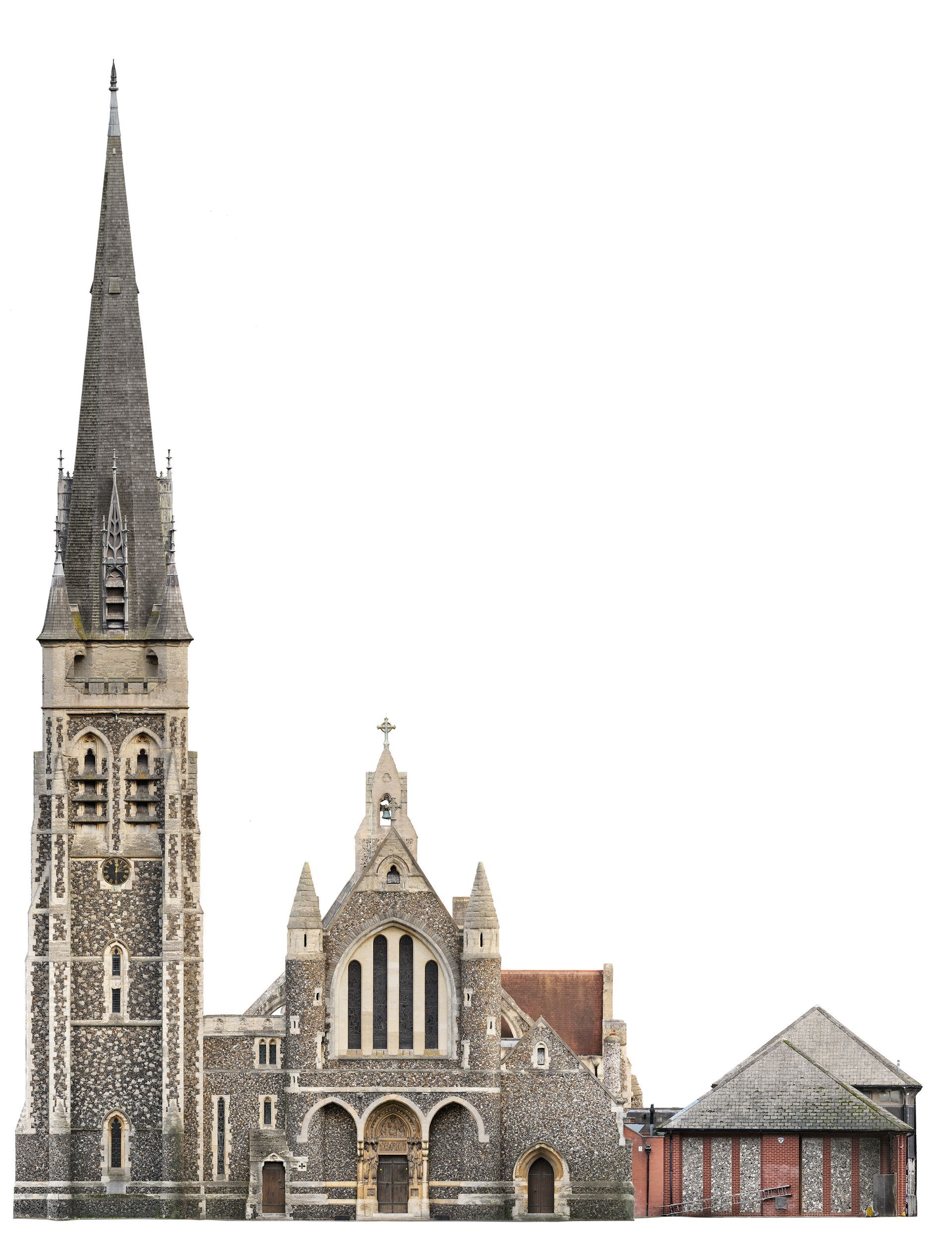 Drone-generated orthographic elevation of a church façade used for quinquennial inspection