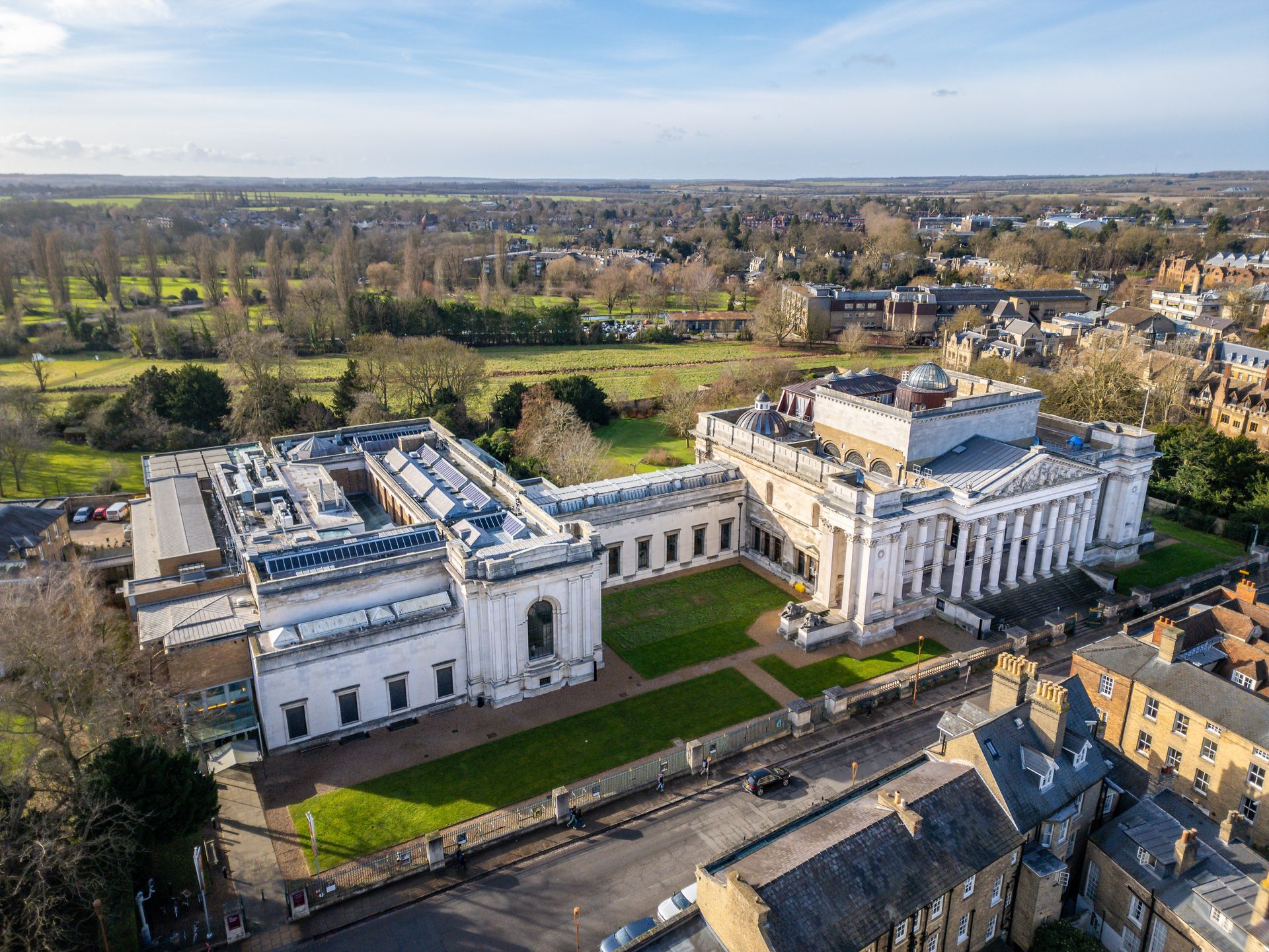 Drone photo of the Fitzwilliam Museum in Cambridge on a sunny day