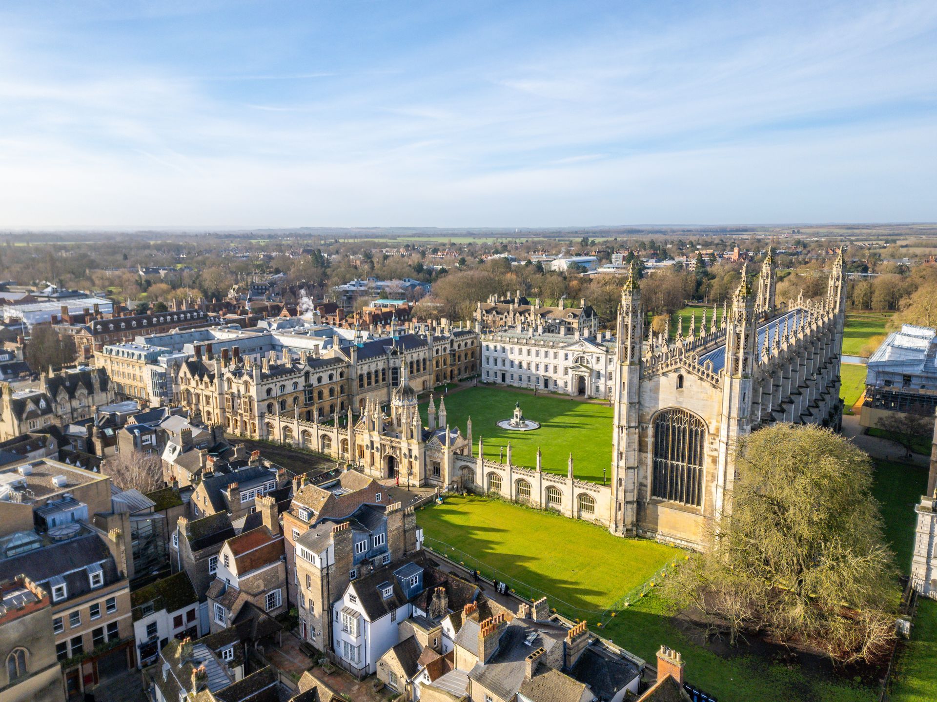 Drone photo of King's College Chapel on a sunny day