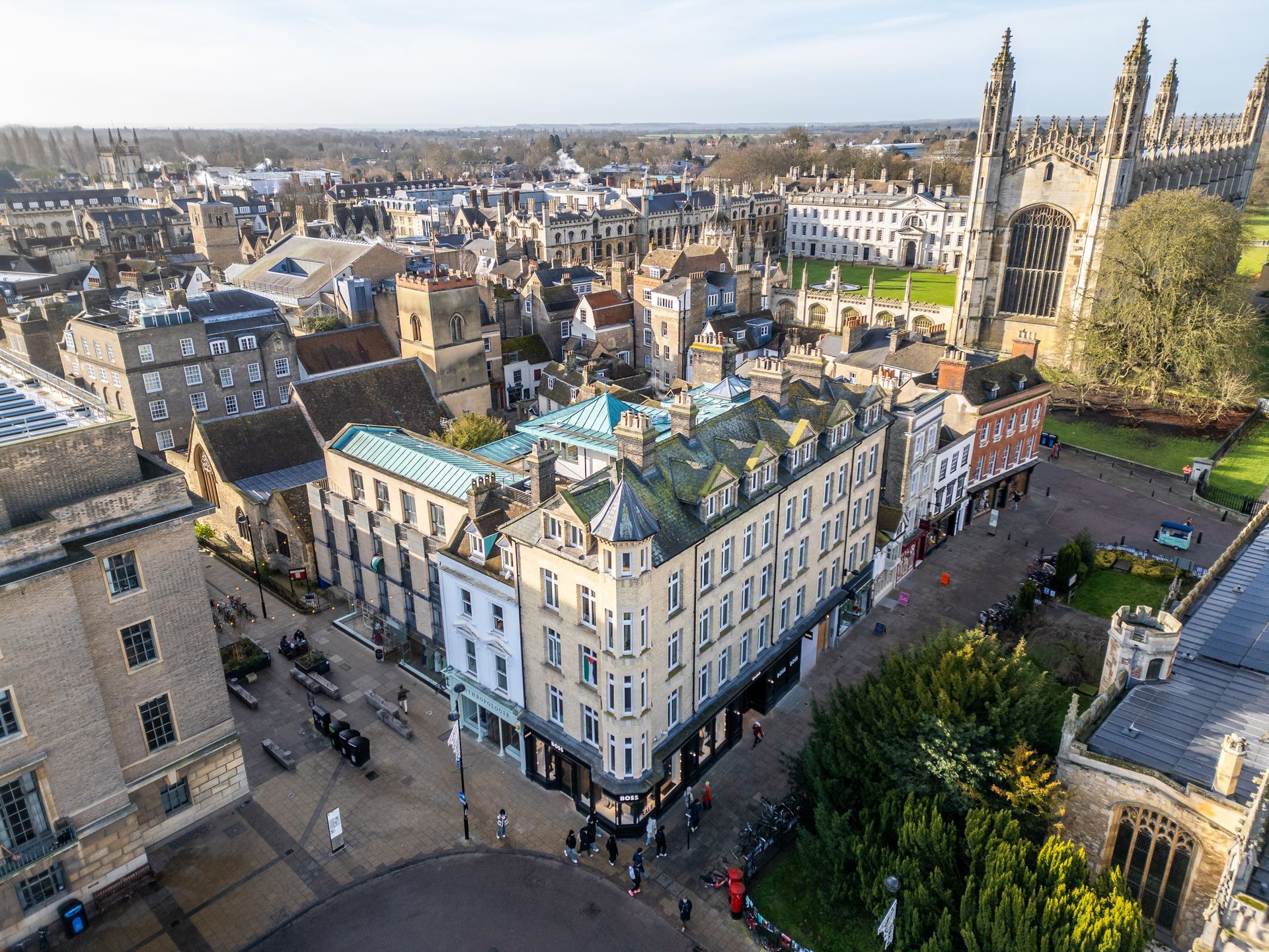 A drone photo of King's College and surrounding historic buildings in Cambridge