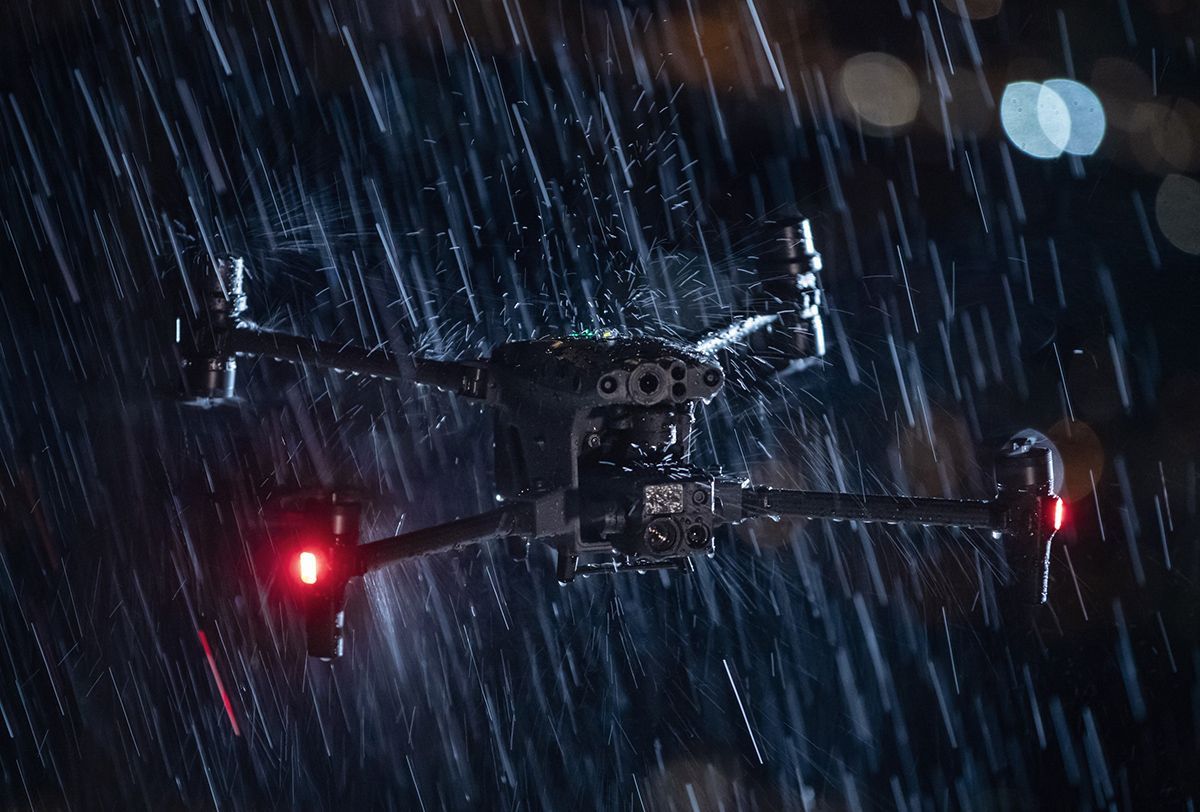 drone at night in rain