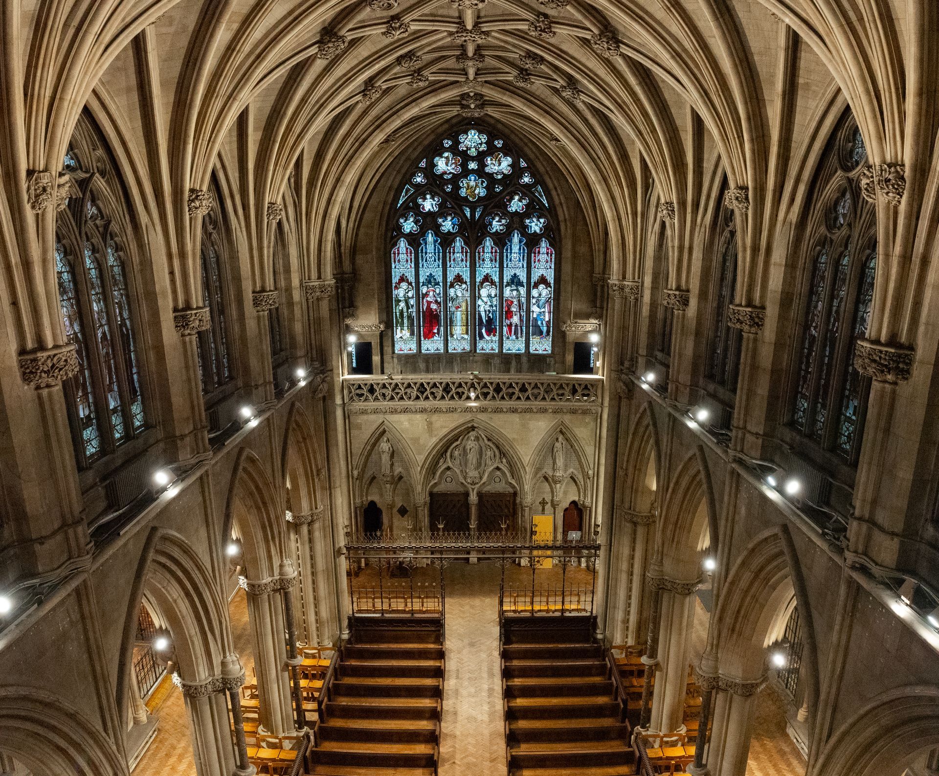 Drone photo inside OLEM church in Cambridge showing the beautiful architecture