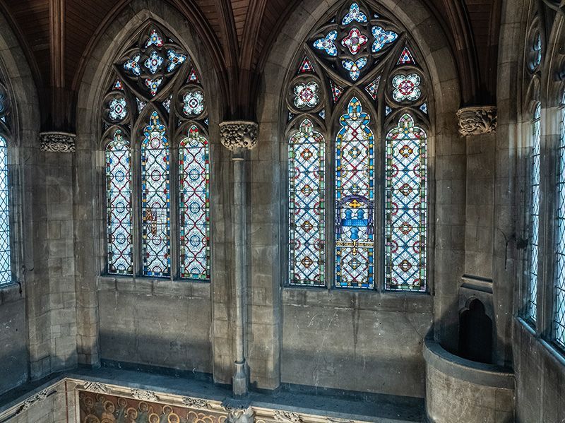 Intricate window architecture inside OLEM church, Cambridge - drone photo