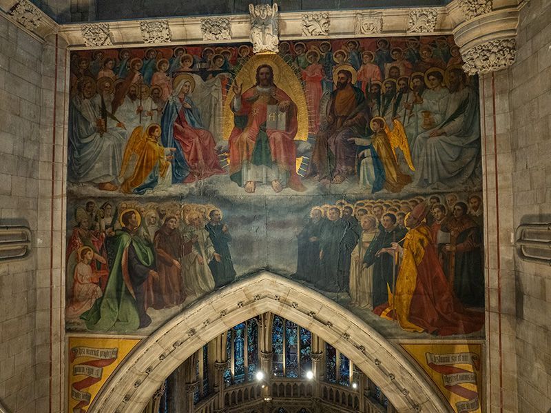 Drone photo from inside OLEM church in Cambridge showing intricate art work