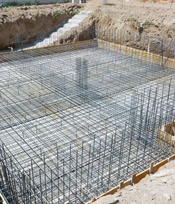Rebar grid foundation under construction in a deep excavation site