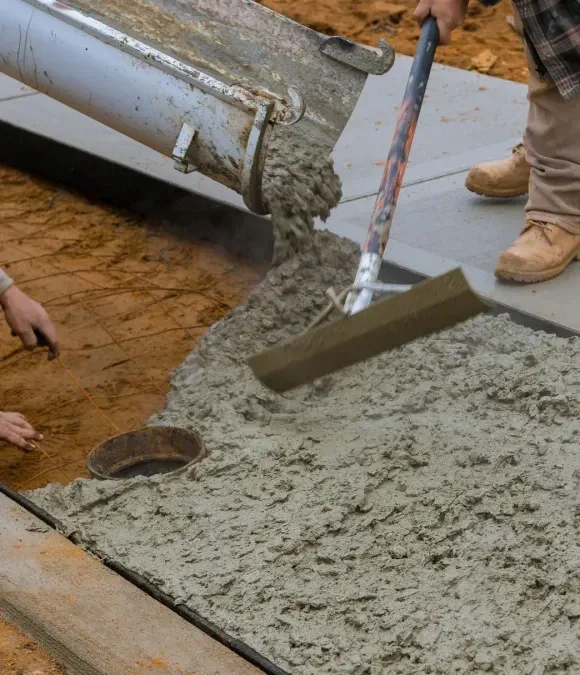 Wet concrete being poured and smoothed into a sidewalk form with a shovel.