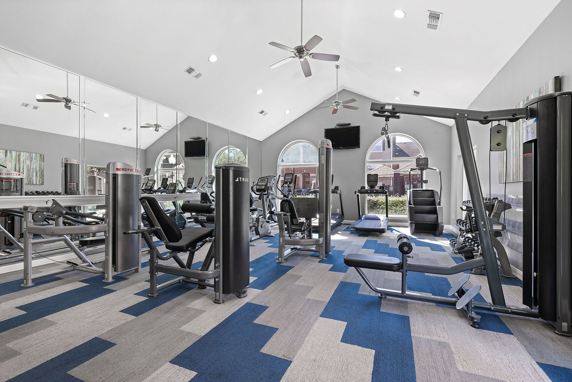 Bright community gym with cardio and strength machines, mirrors, and arched windows.