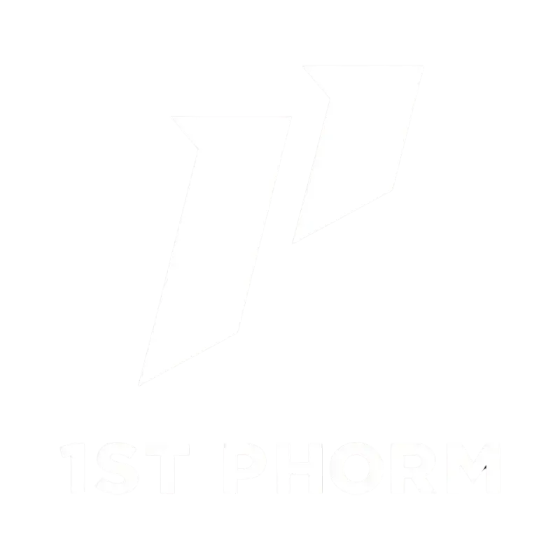 A white logo featuring a stylized 'P' emblem above the text '1ST PHORM' against a black background.