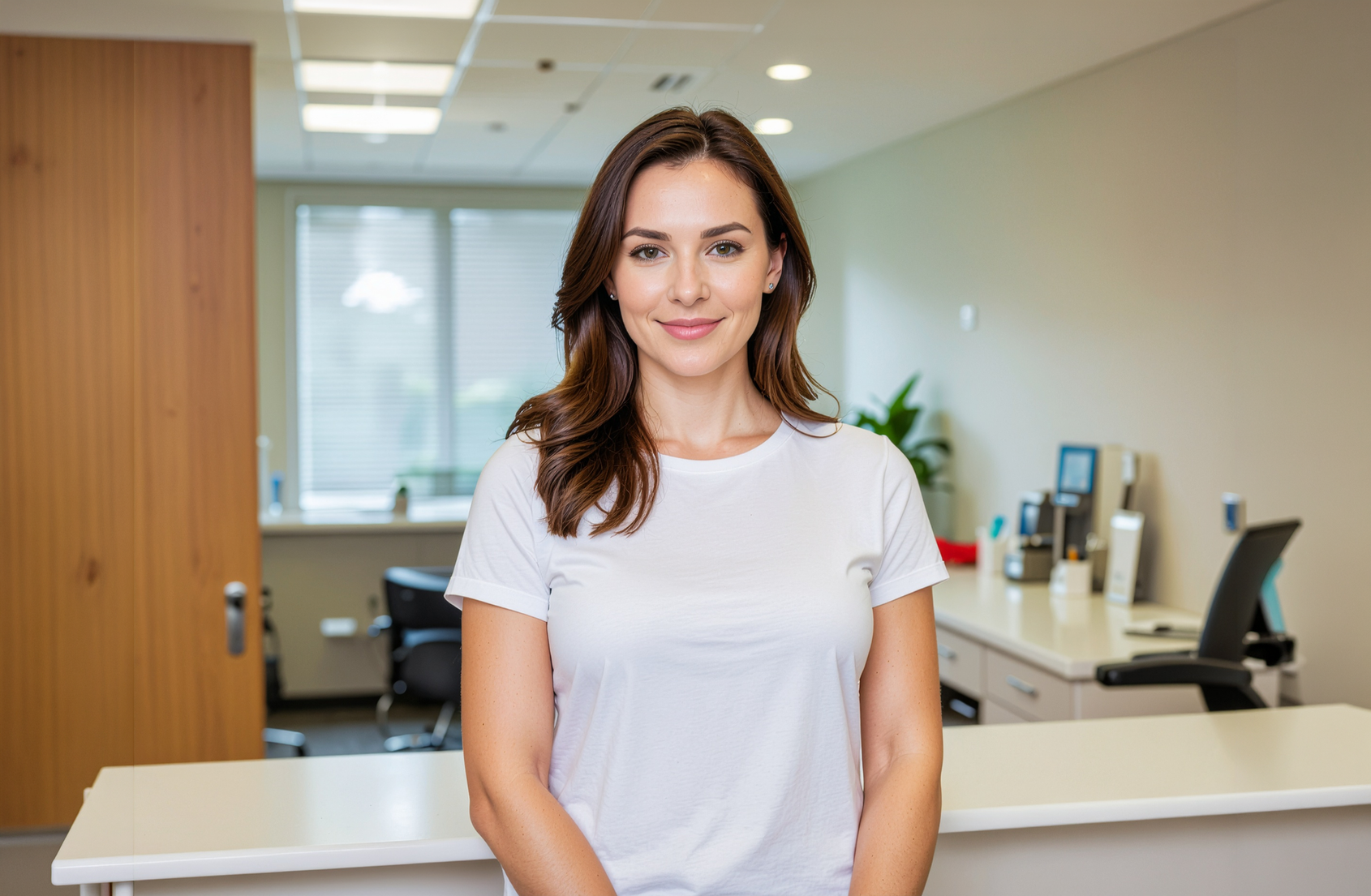 Woman standing in a modern office reception area, wearing a white shirt and smiling slightly.