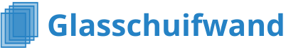 Een blauw-wit logo voor een glazen schuifwand