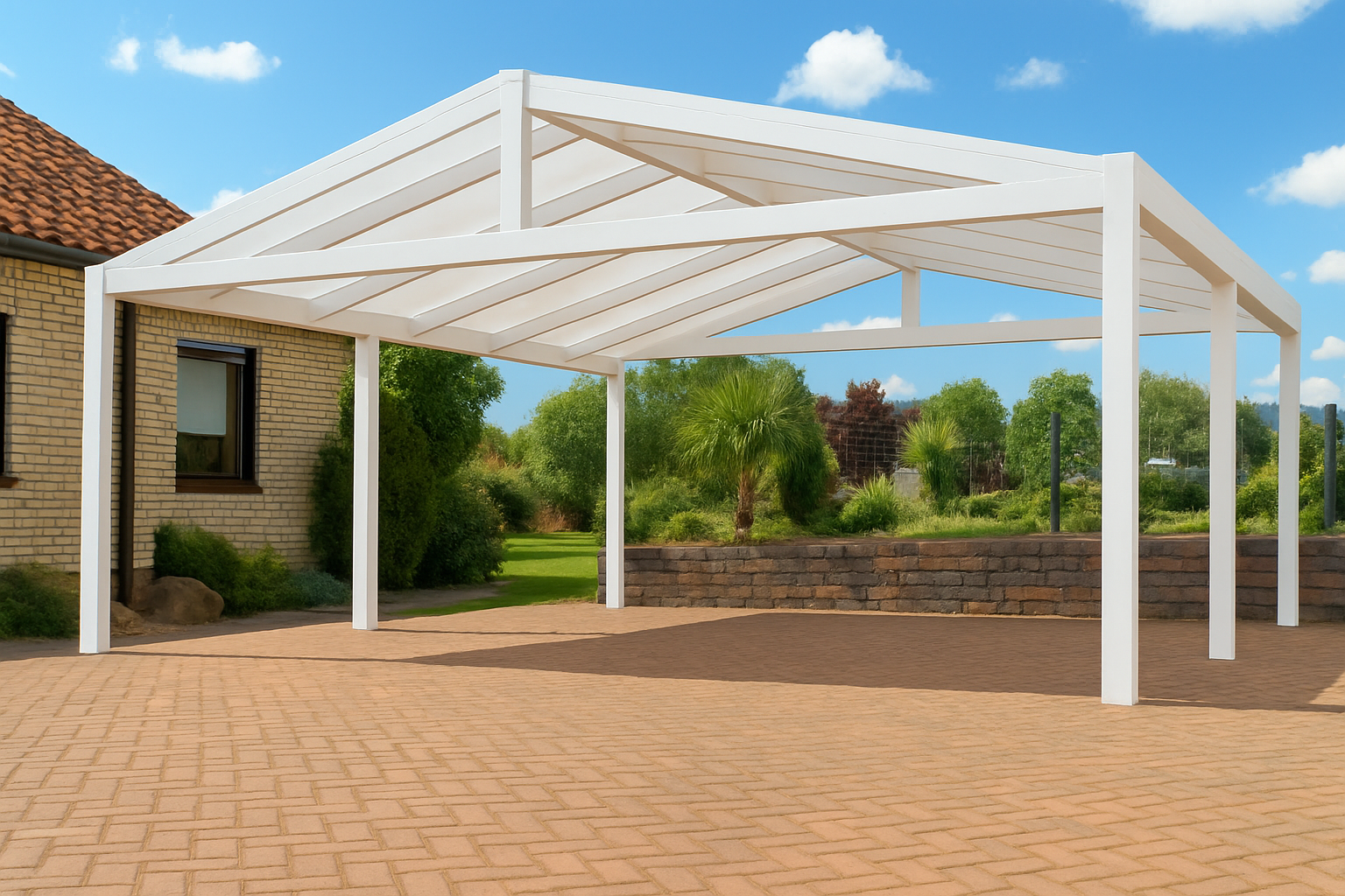 Voor een bakstenen huis staat een witte carport.