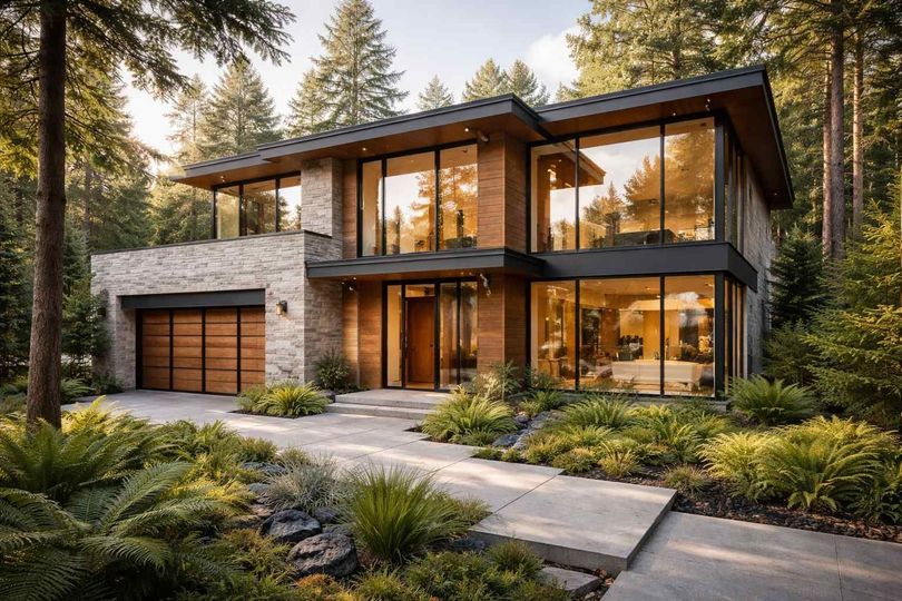 Two-story house with gray exterior, blue door, and a cloudy sky.