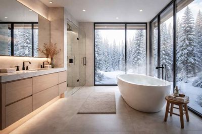Elegant bathroom with a freestanding tub, double vanity with dark cabinets, and gold accents.