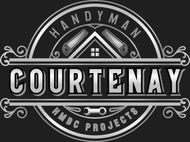 Logo for Courtenay Handyman Services featuring a house and tools inside a shield with a portrait of a smiling person.