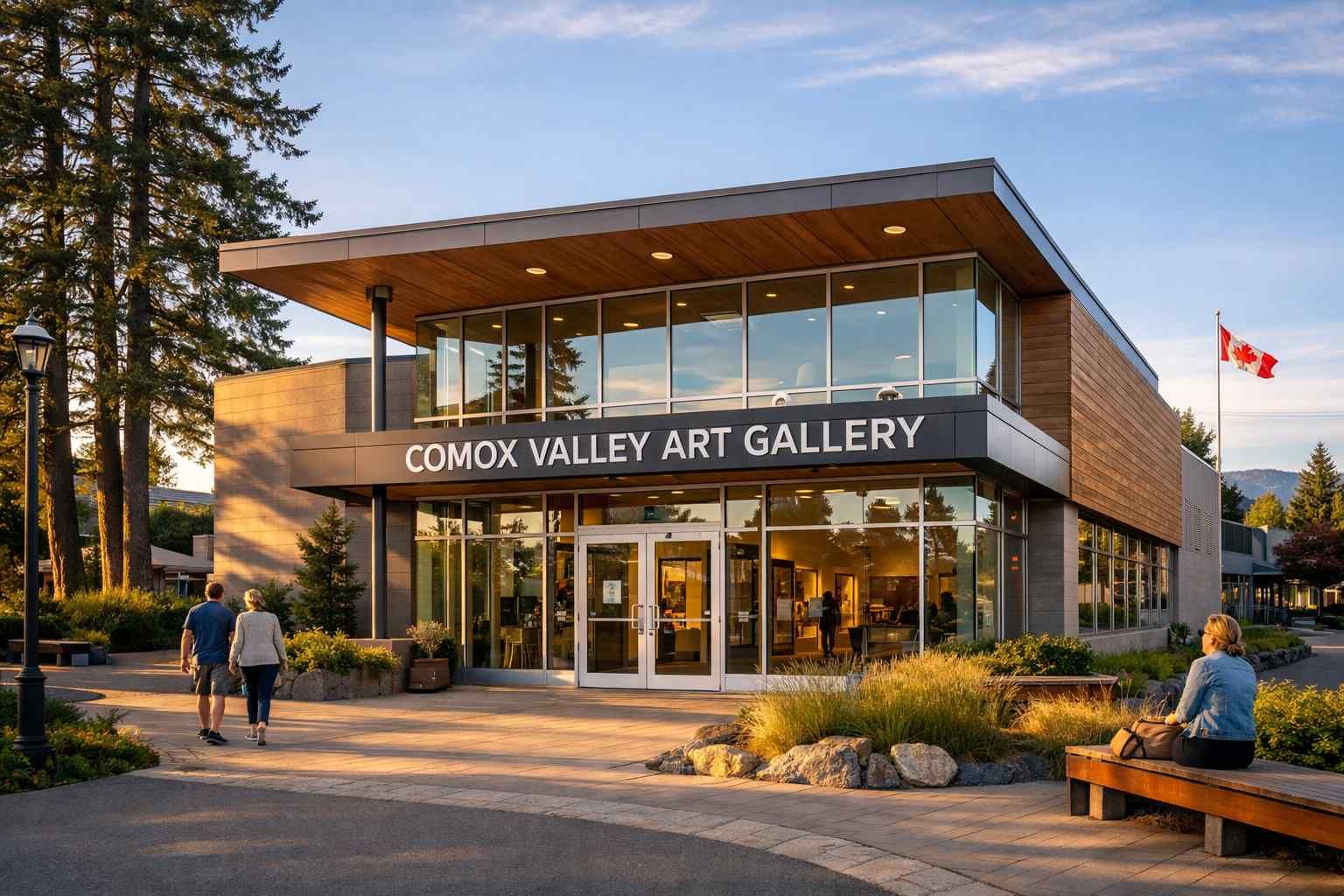 The Comox Valley Art Gallery building with a glass facade, wood accents, and a Canadian flag, surrounded by landscaping.