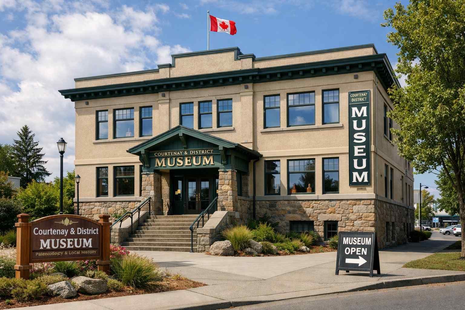 The tan, multi-story Courtenay and District Museum building under a blue sky, with a Canadian flag flying on the roof.