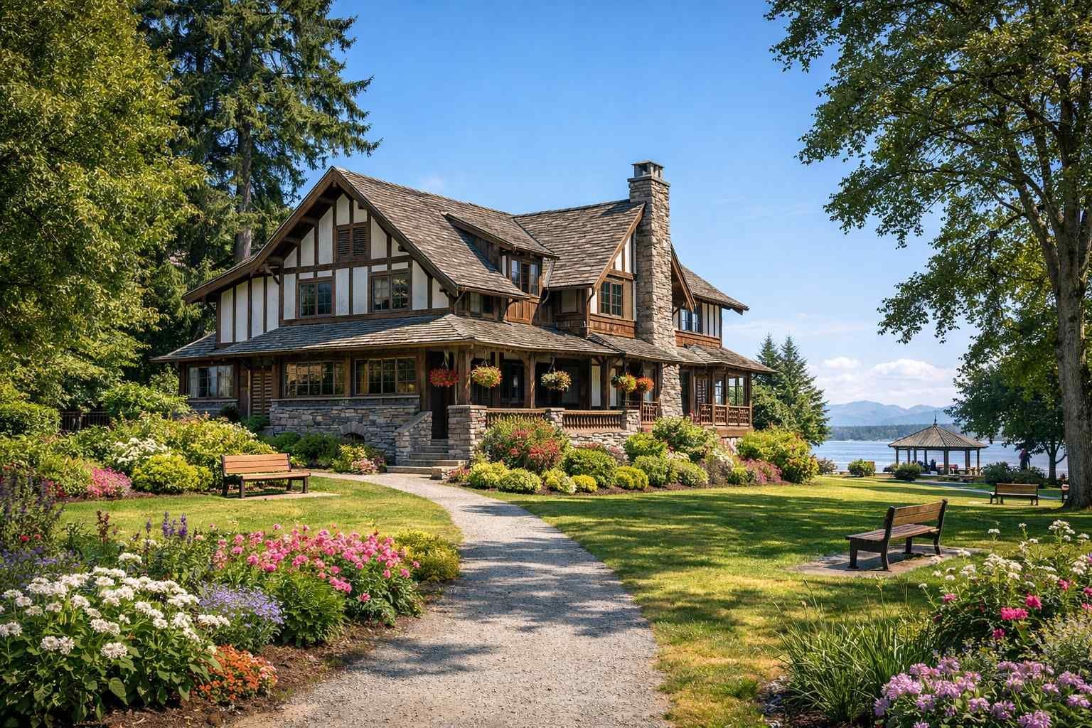 A two-story Tudor-style house with a stone chimney sits by a lake, reached by a gravel path through a blooming garden.