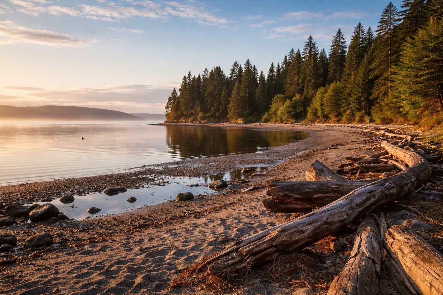 A serene, sunlit shoreline with driftwood logs on a sandy beach, leading to a calm bay bordered by a lush pine forest.