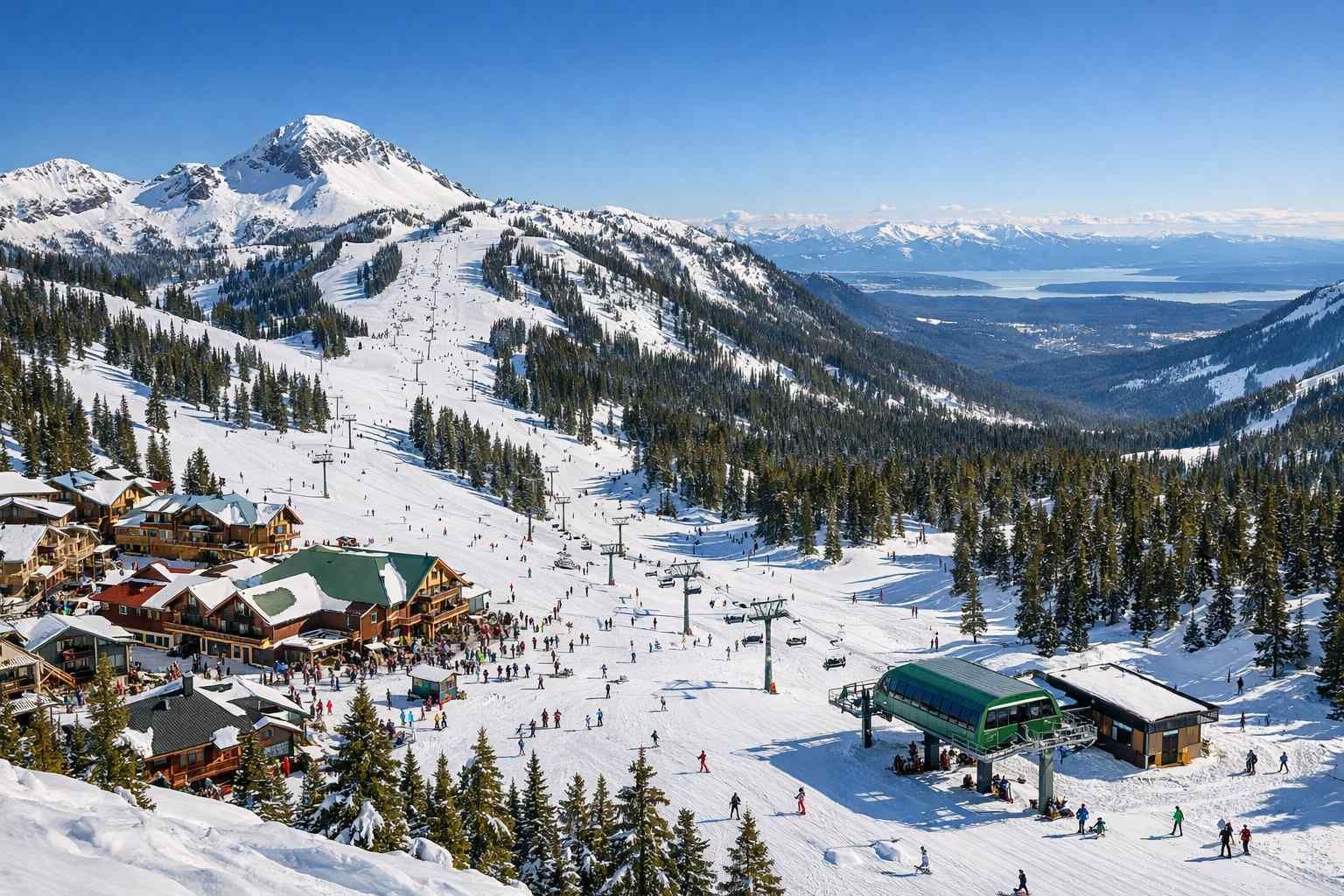 A high-angle view of a sunny ski resort with snow-covered slopes, a ski lift, lodges, and people enjoying the mountains.