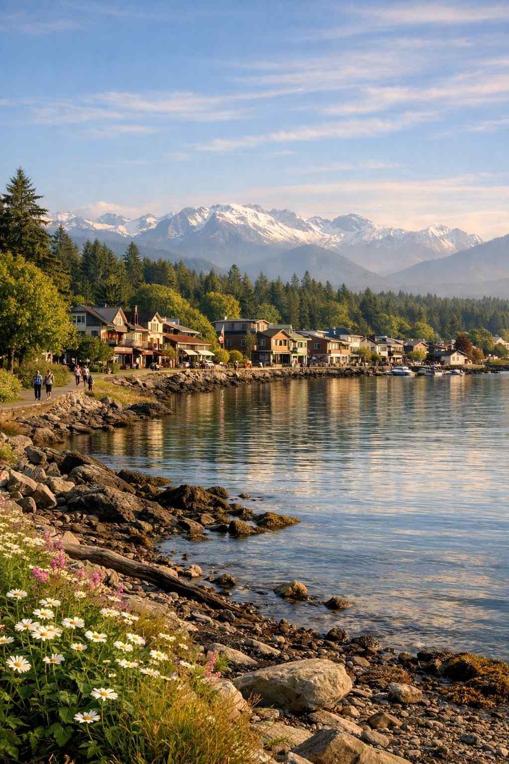 A lakeshore trail with white flowers in the foreground leads toward houses and forest beneath snow-capped mountains.
