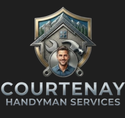 Logo for Courtenay Handyman Services featuring a house and tools inside a shield with a portrait of a smiling person.