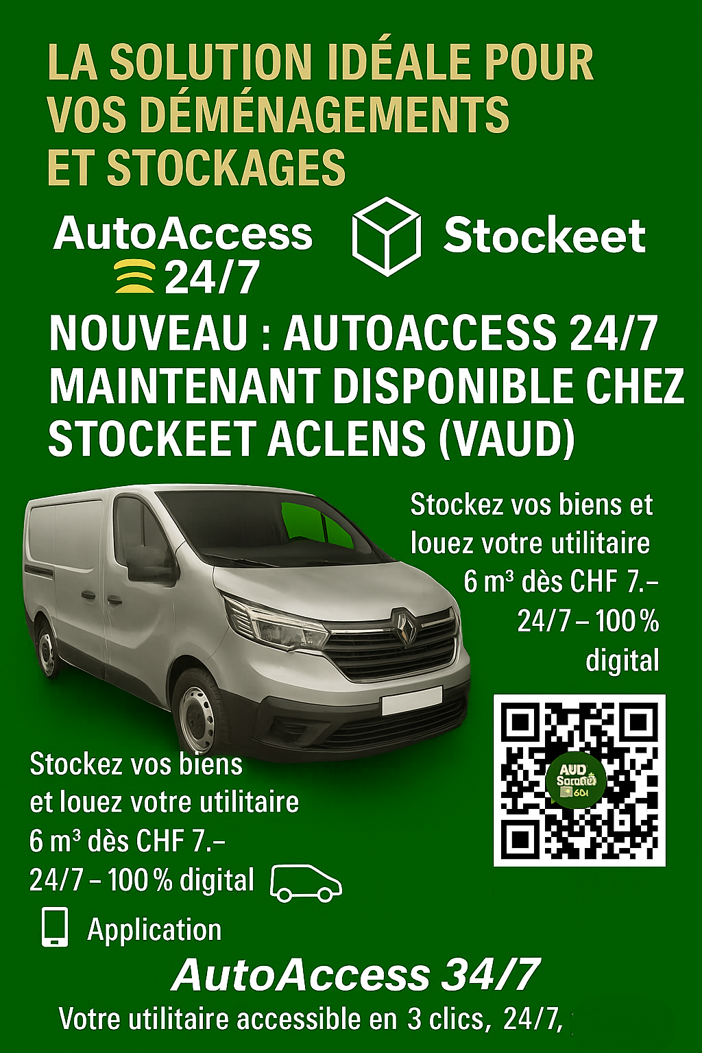 AutoAccess 24/7 & Stockeet Aclens – utilitaire 6 m³ dès CHF 7.–, stockage 24/7 à Lausanne.