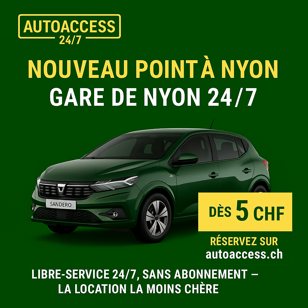 AutoAccess 24/7 – Nouveau point à la gare de Nyon, location de voitures et utilitaires dès 5 CHF, li