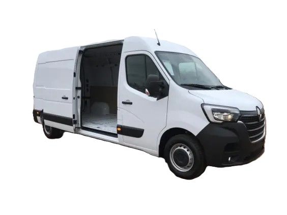 Une camionnette blanche avec les portes ouvertes sur fond blanc.