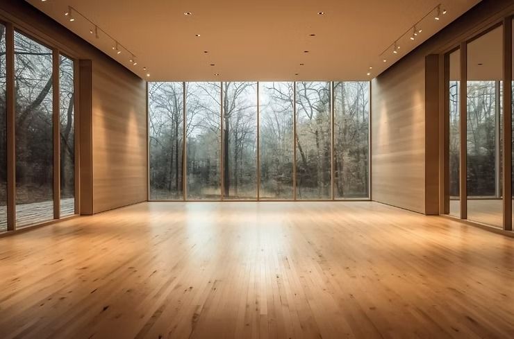 Empty, light-filled room with large windows overlooking a bare forest. Wooden floors and walls.