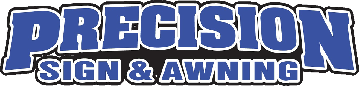 Logo for Precision Sign & Awning, blue text on white outline.