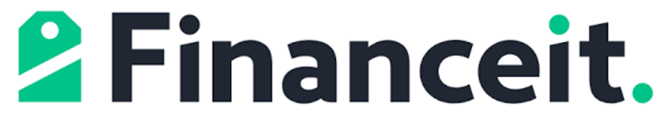 Logo Financeit avec une icône d'étiquette verte et un point vert.