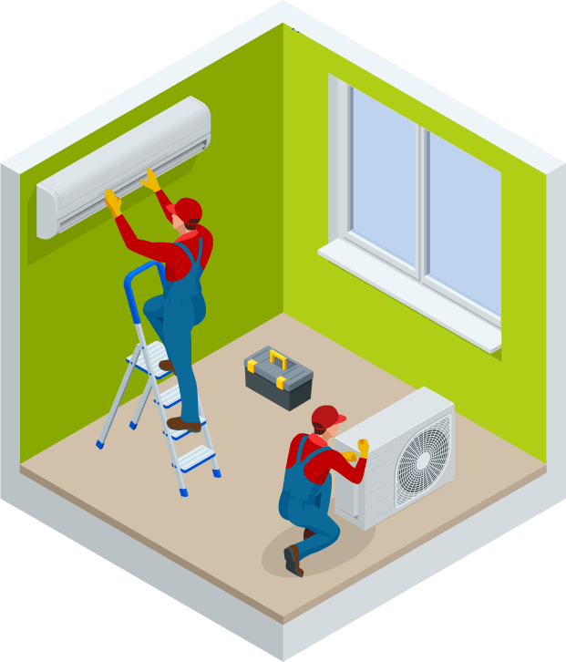 Deux ouvriers installent un climatiseur dans une loge : l'un sur une échelle, l'autre au sol.