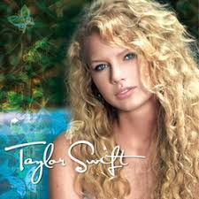 Taylor Swift album cover, blonde curly hair, turquoise background.