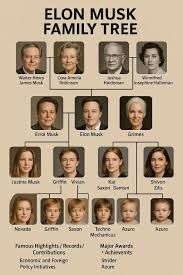 Elon Musk family tree chart. Includes photos of Musk and his parents, along with his children and partners.