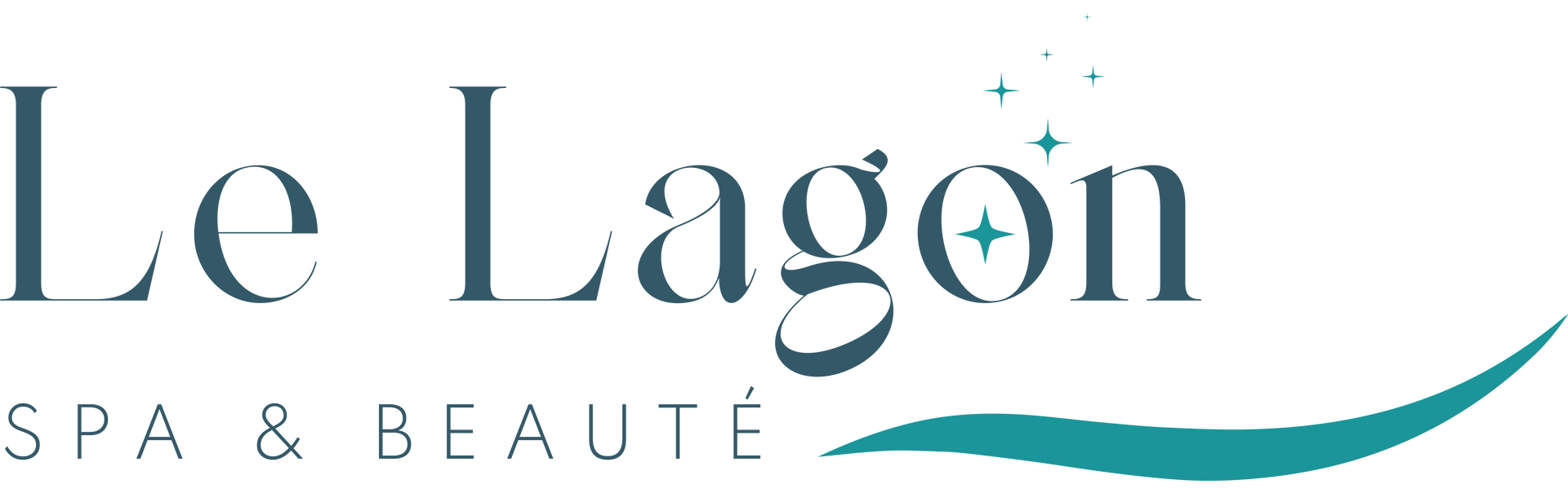 Logo pour Le Lagon Spa & Beauté en texte bleu sarcelle avec une ligne courbe bleu sarcelle et des détails en étoile.