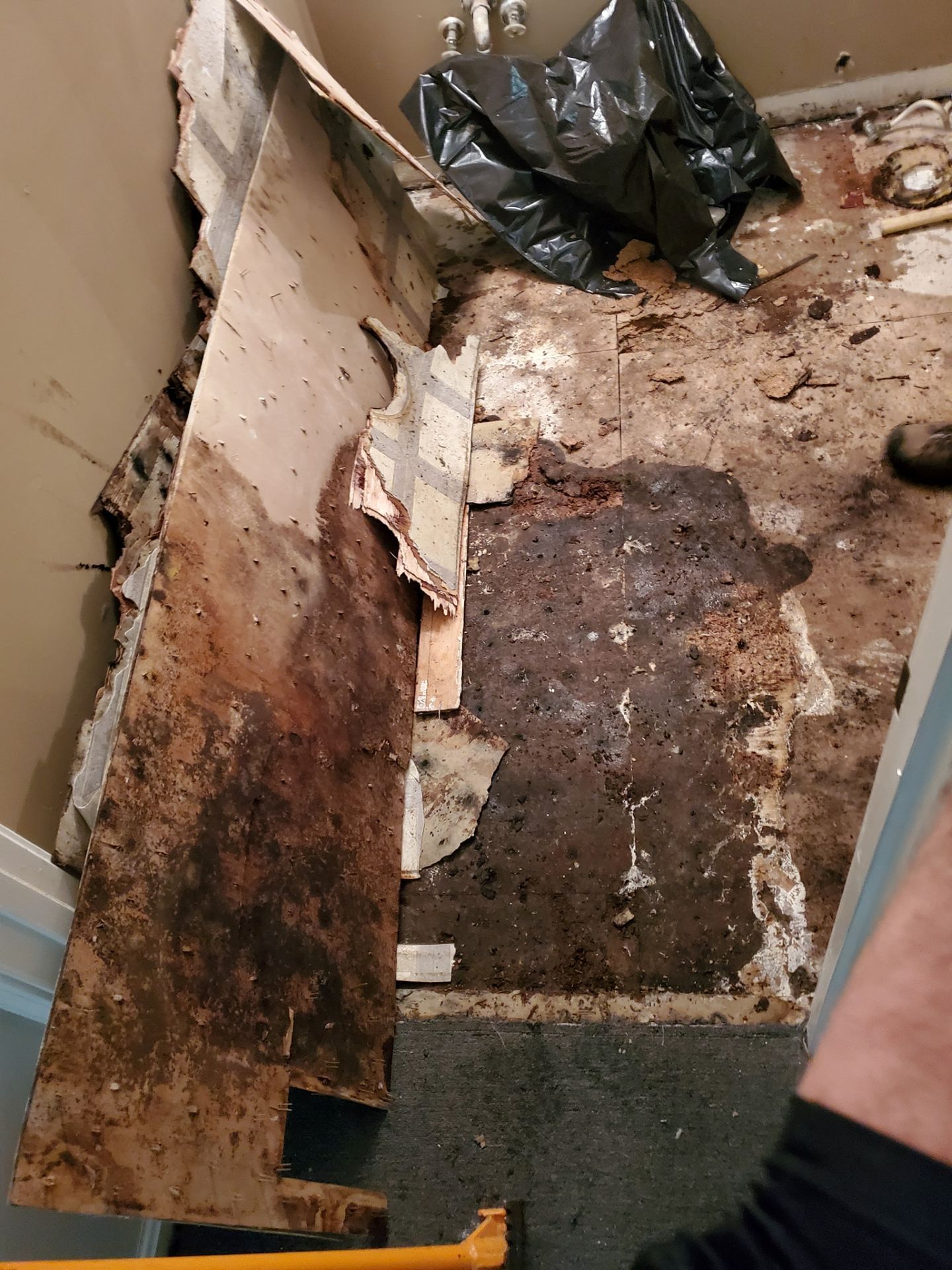 A section of damaged subfloor showing dark, moist rot and debris next to a discarded piece of wall material.