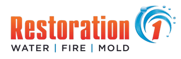 Logo for Restoration 1 with orange text reading "Restoration" and a blue swirl icon containing a number 1.