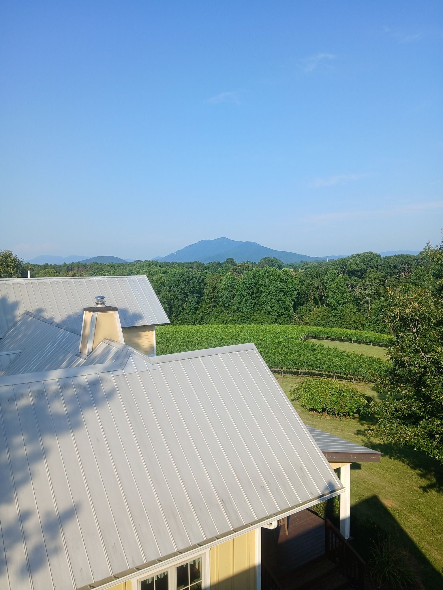 A house with a white roof and a mountain in the background