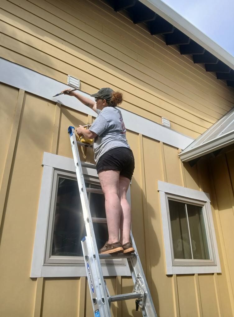 A woman is standing on a ladder painting the side of a house