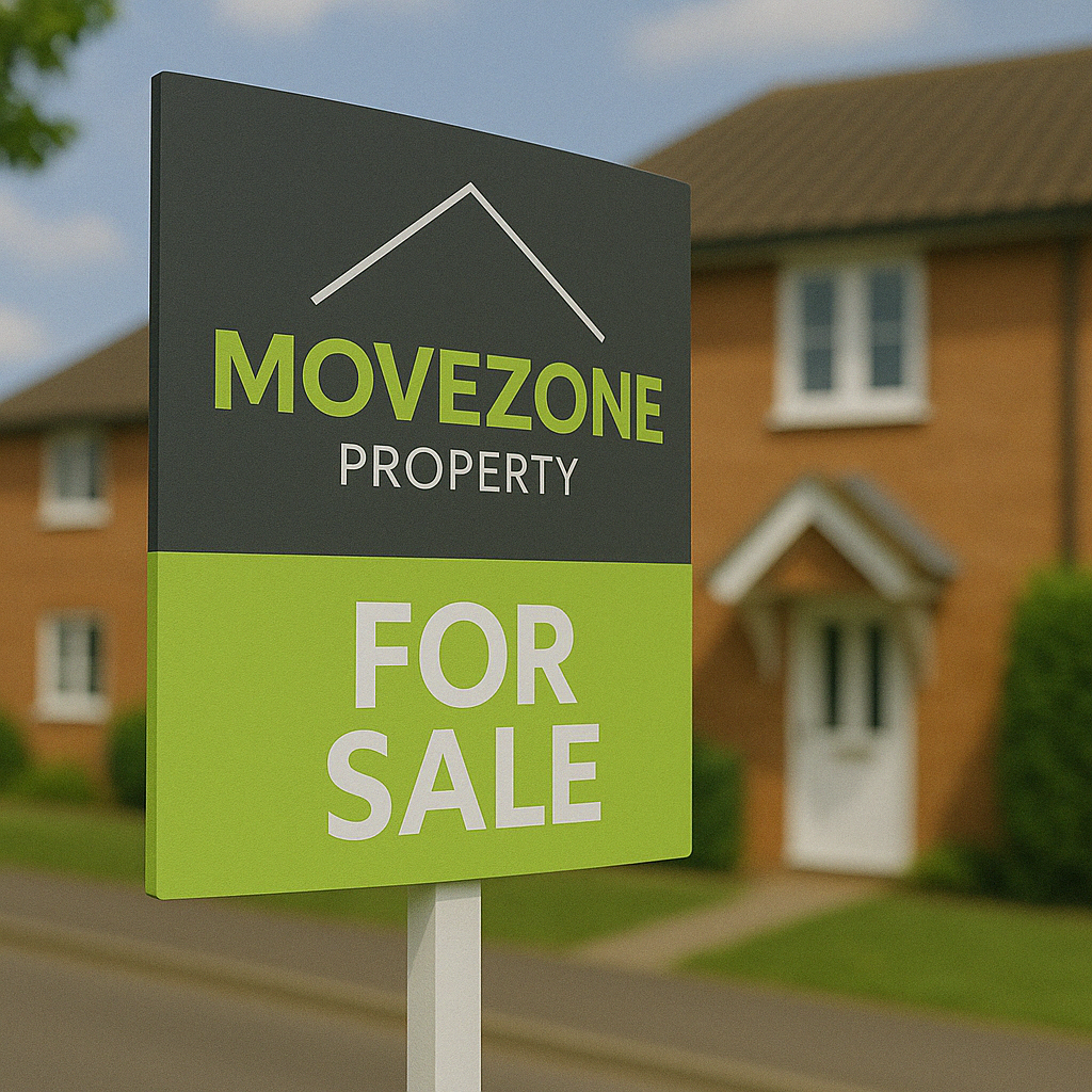 A movezone property for sale sign in front of a house
