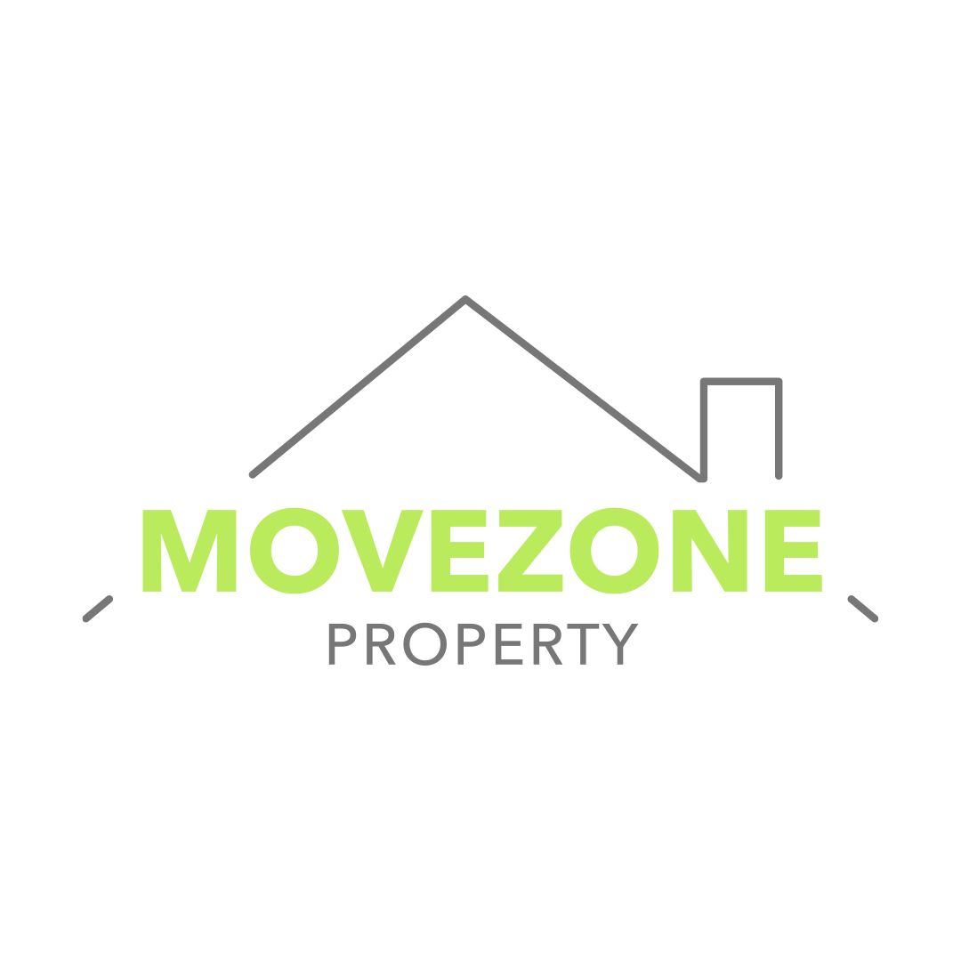 Movezone Property logo with green text and gray house outline on a white background