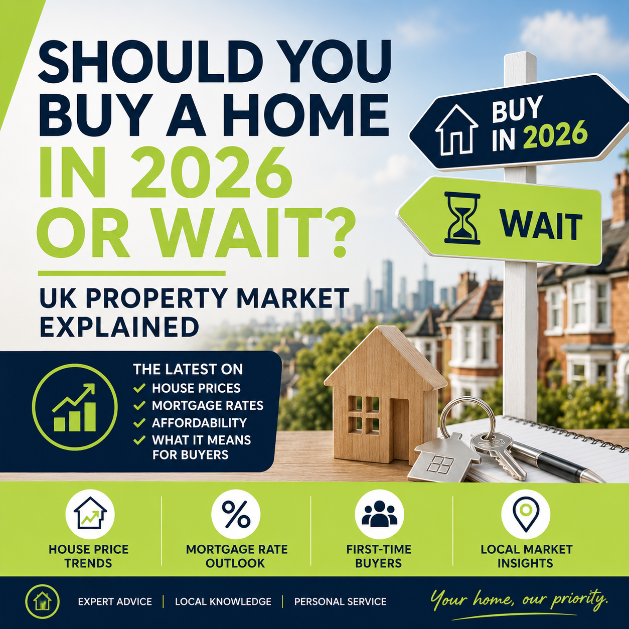 Infographic asking “Should you buy a home in 2026 or wait?” with house and “Buy in 2026” and “Wait” signs.