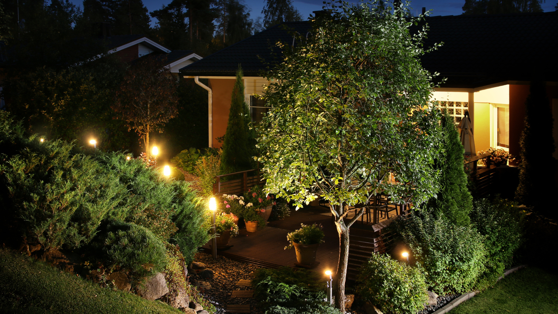 A garden is lit up at night with a house in the background