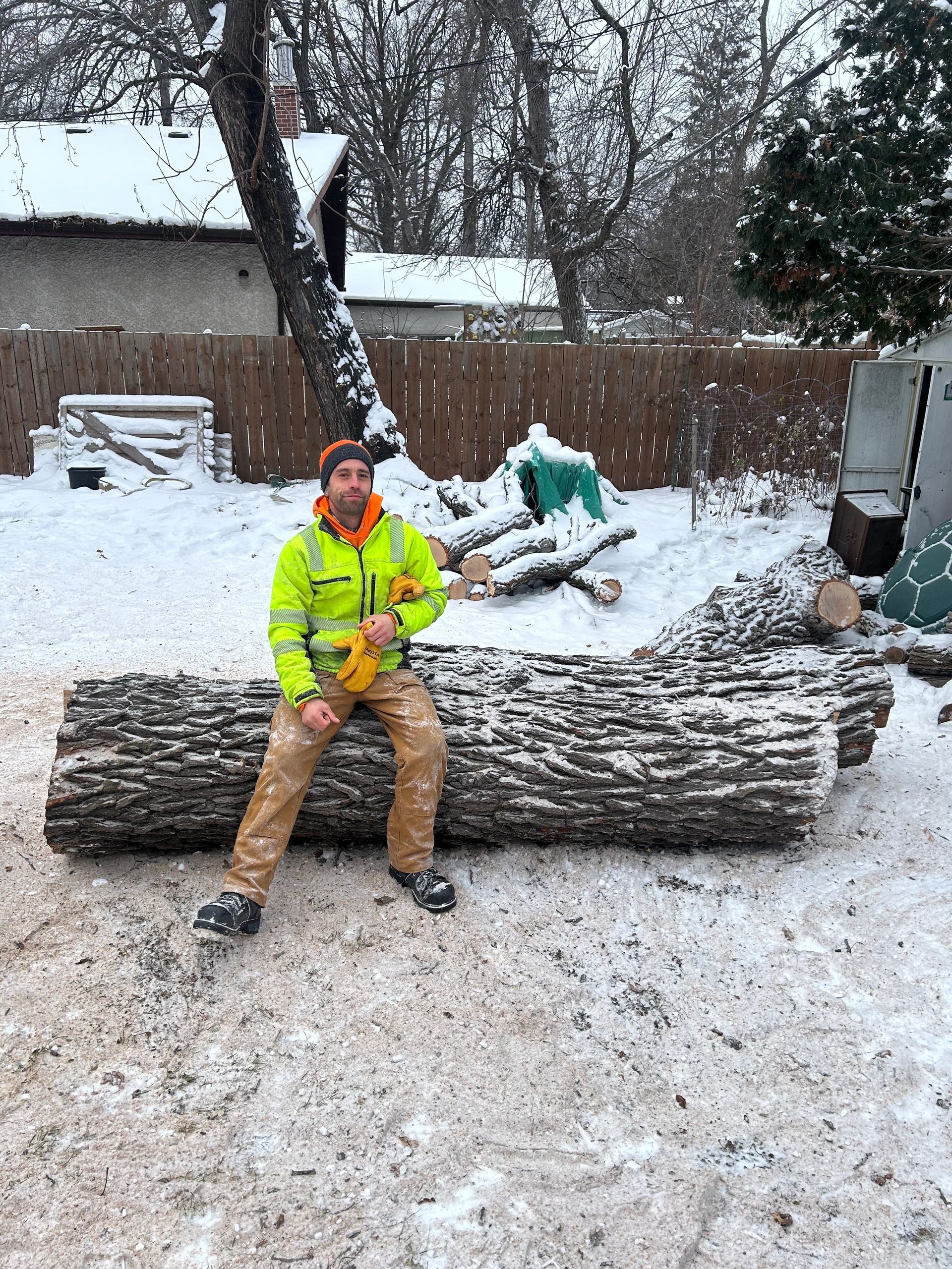 Andy from Affordable Stump And Tree Experts sitting on a felled tree trunk covered in snow